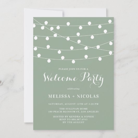 Whimsical String Lights Sage Groen Welkomstfeest Kaart (Voorkant)