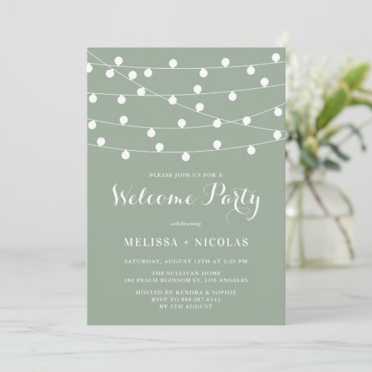 Whimsical String Lights Sage Groen Welkomstfeest Kaart (Staand voorkant)