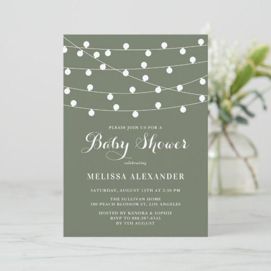 Whimsical String Lights Taupe Green Baby shower Kaart (Staand voorkant)