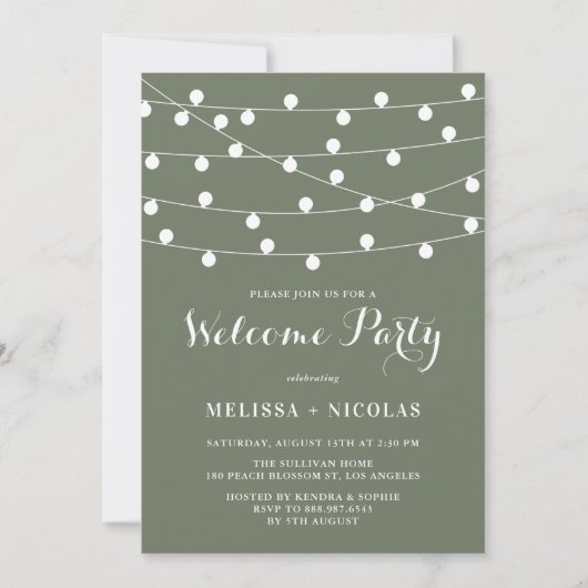 Whimsical String Lights Taupe Green Welcome Party Kaart (Voorkant)