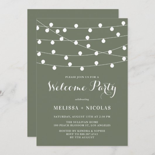 Whimsical String Lights Taupe Green Welcome Party Kaart (Voorkant / Achterkant)