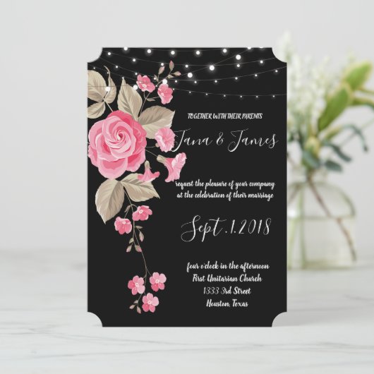 Whimsical String Lights Zwart bruiloft Kaart (Staand voorkant)