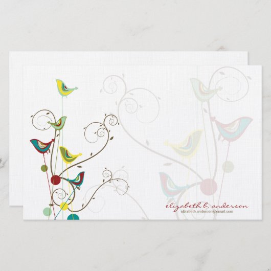Whimsical Summer Birds Swirls Moderne Natuur Vines Briefpapier (Voorkant / Achterkant)
