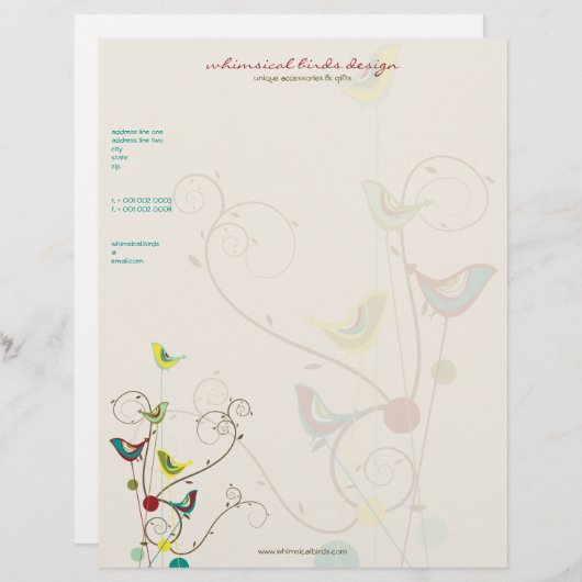 Whimsical Summer Birds Swirls Moderne Natuur Vines Custom Briefhoofd (Voorkant / Achterkant)