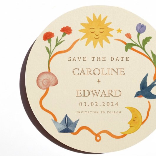 Whimsical Sun and Moon Round Save the Date Kaart