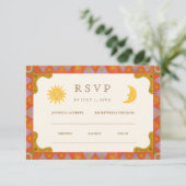 Whimsical Sun & Moon Funky Border Wedding RSVP Kaartje (Staand voorkant)