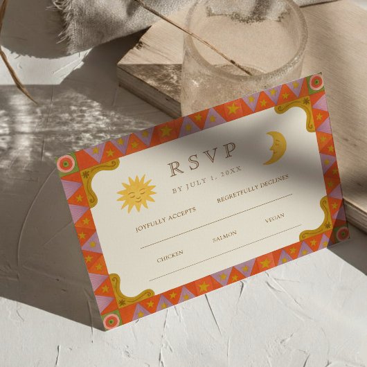 Whimsical Sun & Moon Funky Border Wedding RSVP Kaartje