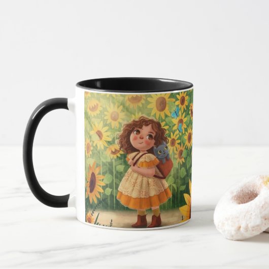 Whimsical Sunshine Girl with Cat – Kind Ones Coffe Mok (Met donut)