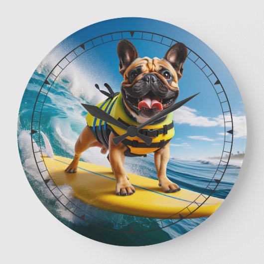 Whimsical Surfen Franse Bulldog Grote Klok (Voorkant)