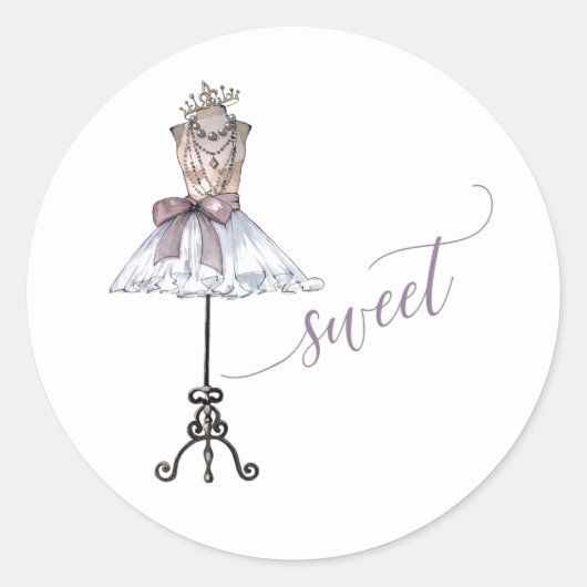Whimsical "Sweet" Mannequin met Tutu Ronde Sticker (Voorkant)