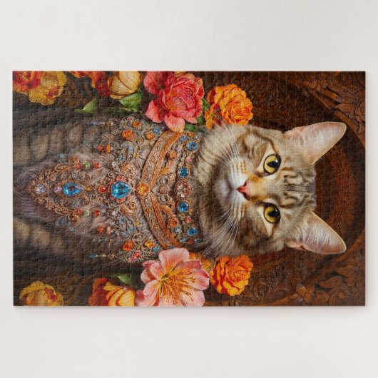 Whimsical Tabby met mooie sieraden en bloemen Legpuzzel (Horizontaal)