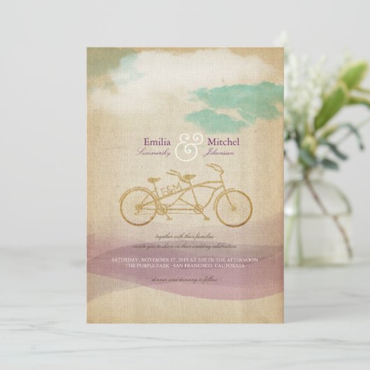 Whimsical Tandem Bicycle Waterverf Custom Wedding Kaart (Staand voorkant)