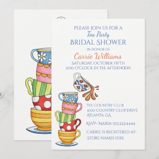 Whimsical Tea Cups Bridal Shower Invitation Kaart (Voorkant / Achterkant)