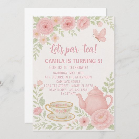 Whimsical Tea Party Anniversaire Invitation pour e (Devant / Derrière)