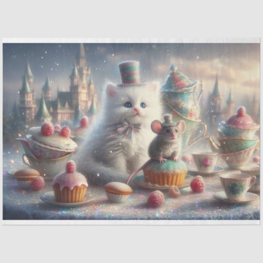 Whimsical  Tea Party Cat Mouse Decoupage Tissuepapier (Voorkant)