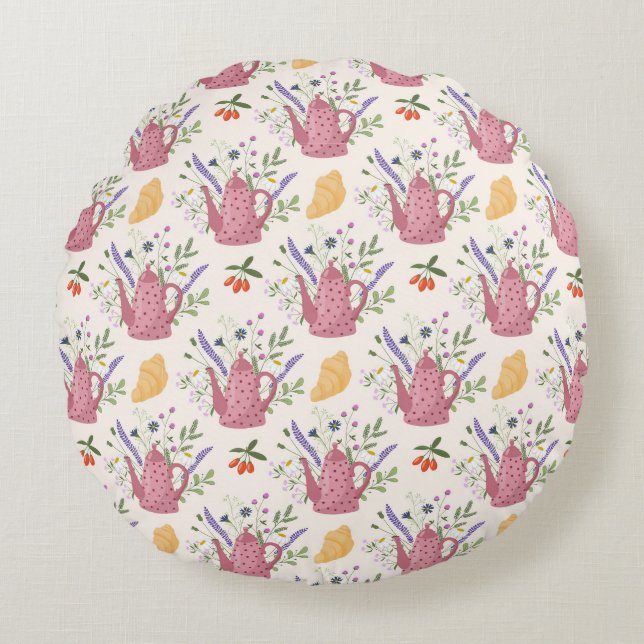 Whimsical Tea Time Doodle Throw Pillow Rond Kussen (Voorkant)