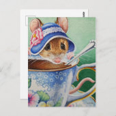 Whimsical Tea Time Mouse Blue Bonnet Waterverf Briefkaart (Voorkant / Achterkant)