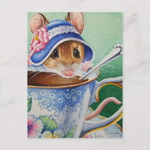 Whimsical Tea Time Mouse Blue Bonnet Waterverf Briefkaart