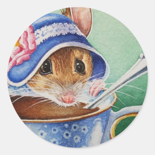 Whimsical Tea Time Mouse Blue Bonnet Waterverf Ronde Sticker (Voorkant)