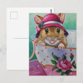 Whimsical Tea Time Mouse Pink Bonnet Waterverf Briefkaart (Voorkant / Achterkant)