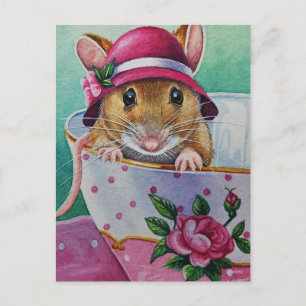 Whimsical Tea Time Mouse Pink Bonnet Waterverf Briefkaart