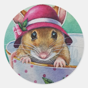 Whimsical Tea Time Mouse Pink Bonnet Waterverf Ronde Sticker