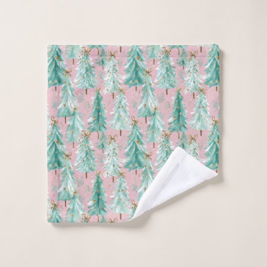 Whimsical Teal Christmas Trees on Pink Bad Handdoek (Wasdoekje)