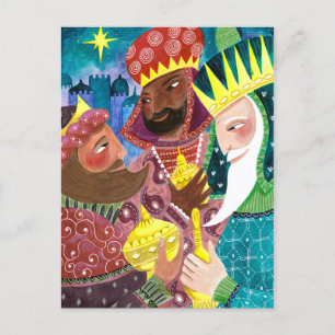 Whimsical Three Wise Mannen Kings met ster en gift Feestdagenkaart