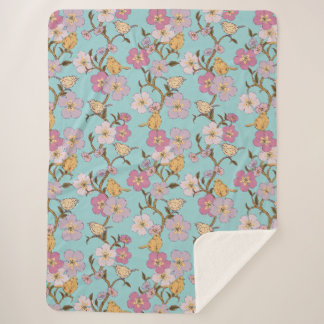 Whimsical Trailing Florals and Birds - Turquoise Sherpa Deken