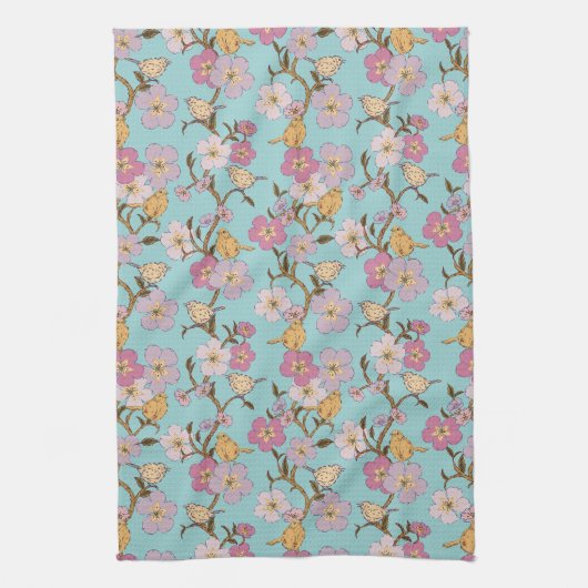 Whimsical Trailing Florals and Birds - Turquoise Theedoek (Verticaal)