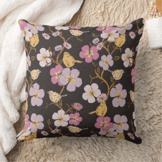 Whimsical Trailing Florals and Birds - Zwart/Grijs Kussen
