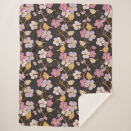 Whimsical Trailing Florals and Birds - Zwart/Grijs Sherpa Deken