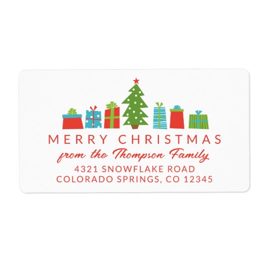 Whimsical Tree & Gifts Vrolijk Kerstfeest Etiket (Voorkant)