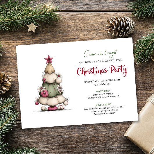 Whimsical tree red green festive party invitation kaart