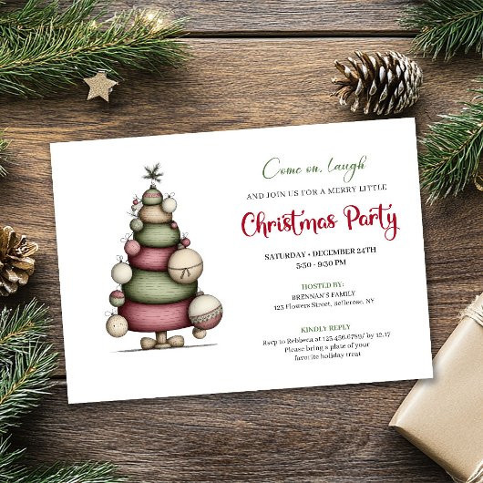 Whimsical tree red green minimalist holiday invite kaart
