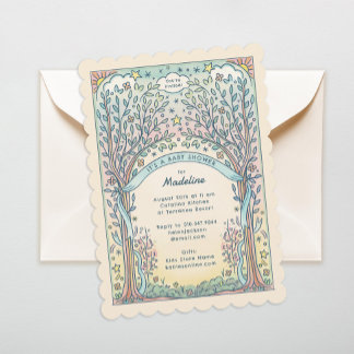 Whimsical Trees and Stars Pastel Sweet Baby shower Kaart