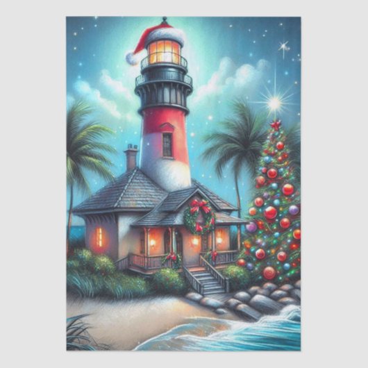 Whimsical Tropical Christmas Lighthouse Decoupage Tissuepapier (Voorkant)