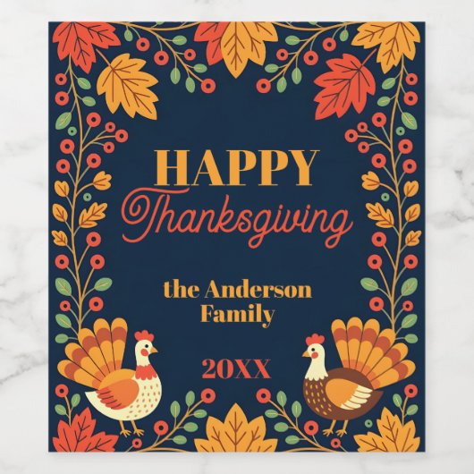 Whimsical Turkeys en Fall Leaves Thanksgiving Wijn Etiket (Enkel label)