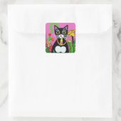 Whimsical Tuxedo Kat met Bloem Folk Art Vierkante Sticker (Tas)