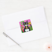 Whimsical Tuxedo Kat met Bloem Folk Art Vierkante Sticker (Envelop)