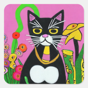 Whimsical Tuxedo Kat met Bloem Folk Art Vierkante Sticker