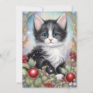 Whimsical Tuxedo Kitten Holly Berries Lijst Feestdagenkaart