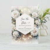 Whimsical Typography Witte Rozen bruiloft Save The Date (Staand voorkant)