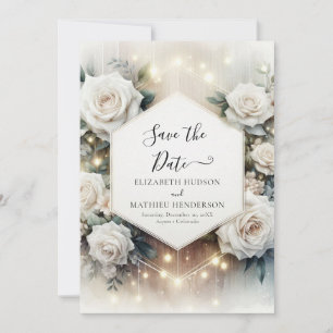 Whimsical Typography Witte Rozen bruiloft Save The Date