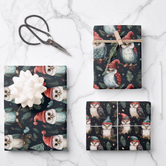 Whimsical Uil Christmas Pet Patroon Inpakpapier Vel (Voorkant)