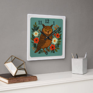 Whimsical Uil en bloemen vierkante wandklok Klok