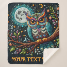 Whimsical Uil Faux Borduurwerk Sherpa Deken