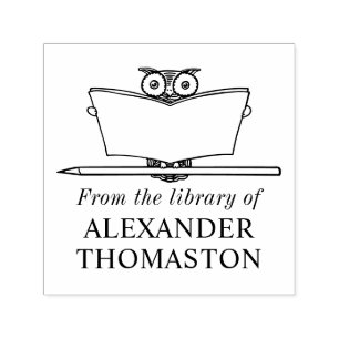 Whimsical Uil Lezing Grote boek Bibliotheek Naam Zelfinktende Stempel