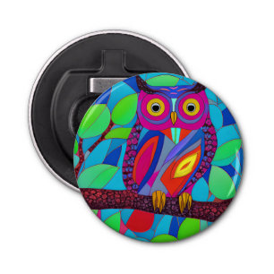 Whimsical Uil met kleurrijke veren Button Flesopener