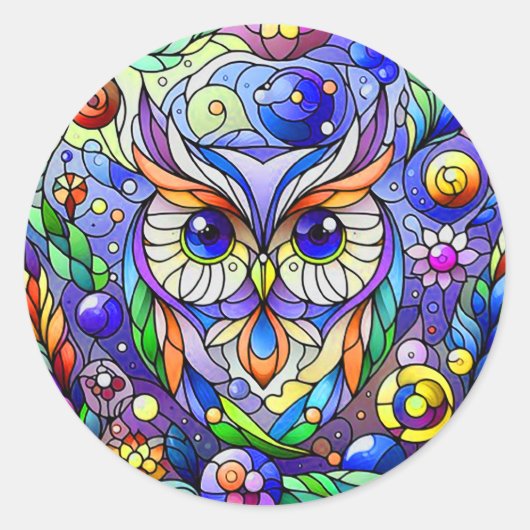 Whimsical Uil Met Saffier Ogen Ronde Sticker (Voorkant)